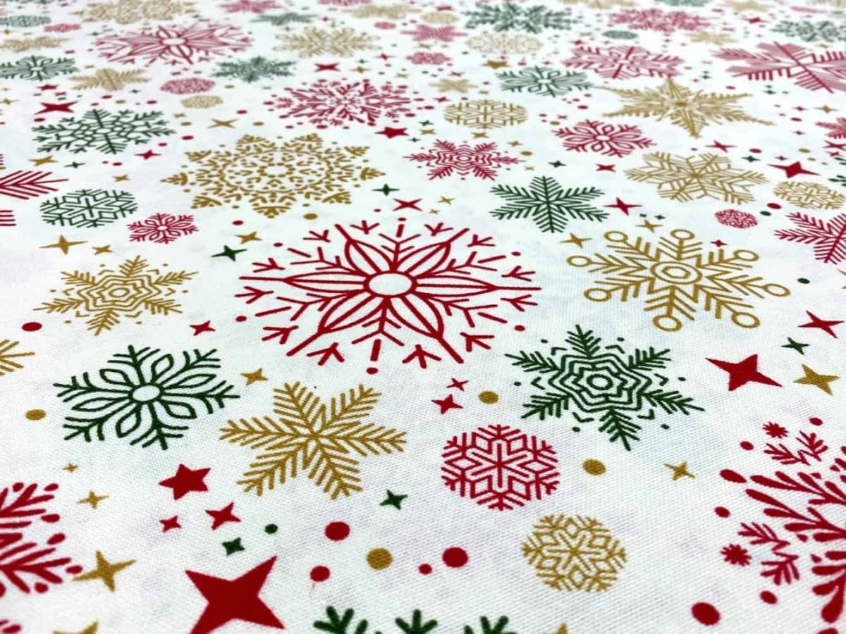 birlik1952 duck çok amaçlı dekoratif kumaş panama keteni fabric linen waterproof christmas yılbaşı desen kar tanesi snow flakes red kırmızı