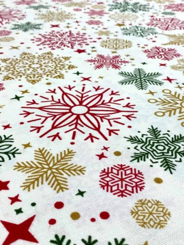 birlik1952 duck çok amaçlı dekoratif kumaş panama keteni fabric linen waterproof christmas yılbaşı desen kar tanesi snow flakes red kırmızı