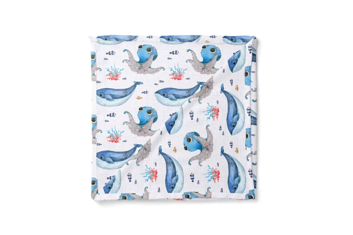 birlik1952 baby child müslin digital print dijital baskı kumaş muslin fabric whosale toptan battaniyesi swaddle blanket whale octopus ahtapot balina