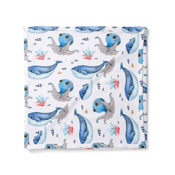 birlik1952 baby child müslin digital print dijital baskı kumaş muslin fabric whosale toptan battaniyesi swaddle blanket whale octopus ahtapot balina