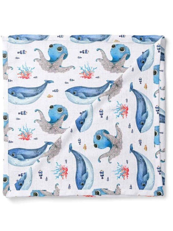 birlik1952 baby child müslin digital print dijital baskı kumaş muslin fabric whosale toptan battaniyesi swaddle blanket whale octopus ahtapot balina