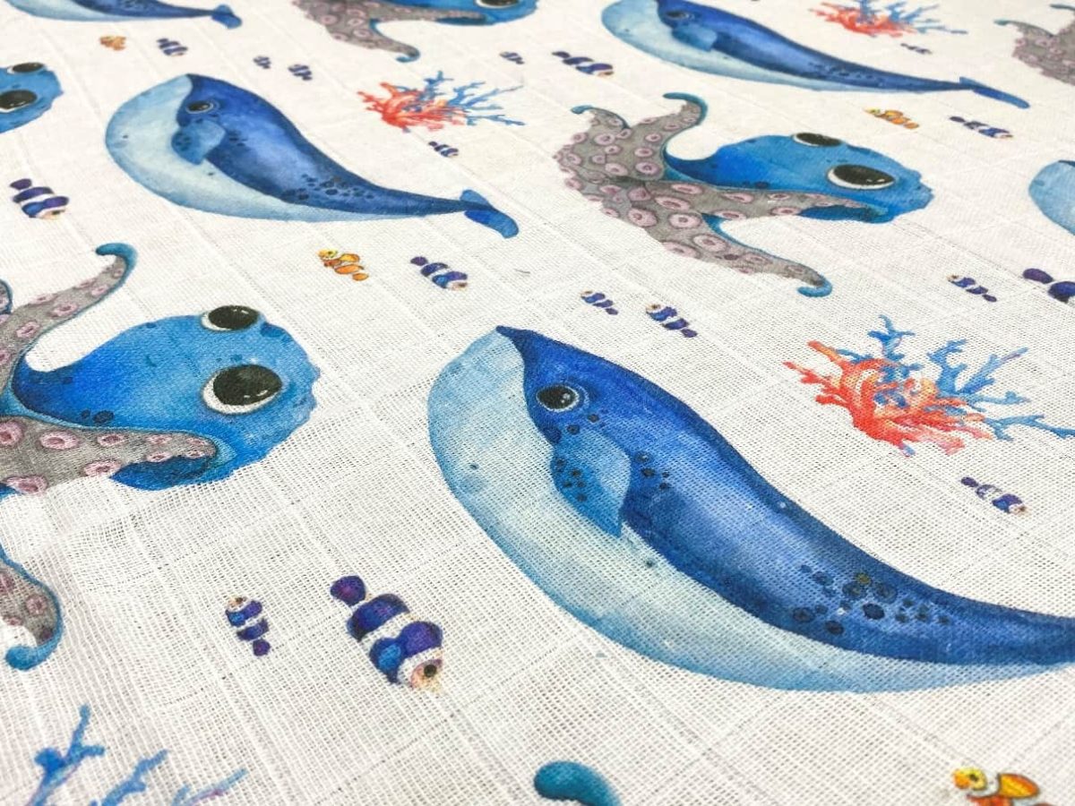 birlik1952 baby child müslin digital print dijital baskı kumaş muslin fabric whosale toptan battaniyesi swaddle blanket whale octopus ahtapot balina