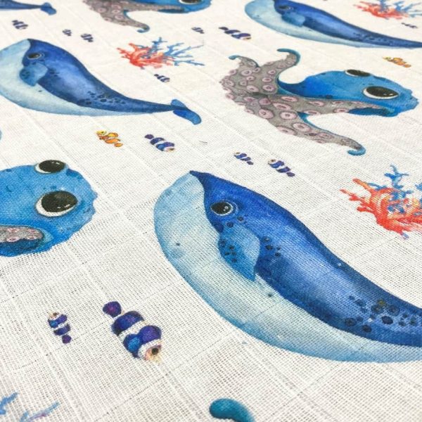 birlik1952 baby child müslin digital print dijital baskı kumaş muslin fabric whosale toptan battaniyesi swaddle blanket whale octopus ahtapot balina