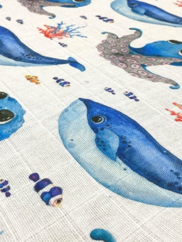 birlik1952 baby child müslin digital print dijital baskı kumaş muslin fabric whosale toptan battaniyesi swaddle blanket whale octopus ahtapot balina