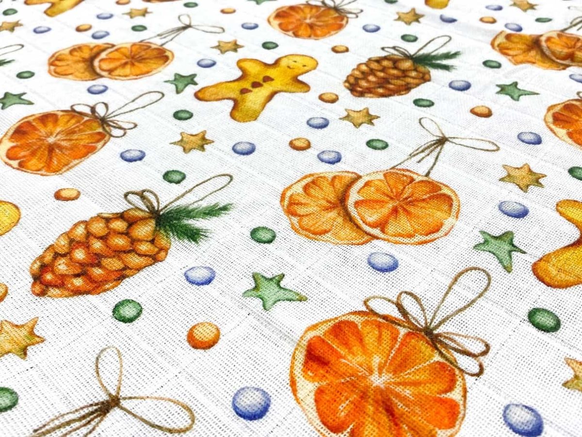 birlik1952 baby child müslin digital print dijital baskı kumaş muslin fabric whosale toptan battaniyesi swaddle blanket dried orange portakal biscuit christmas