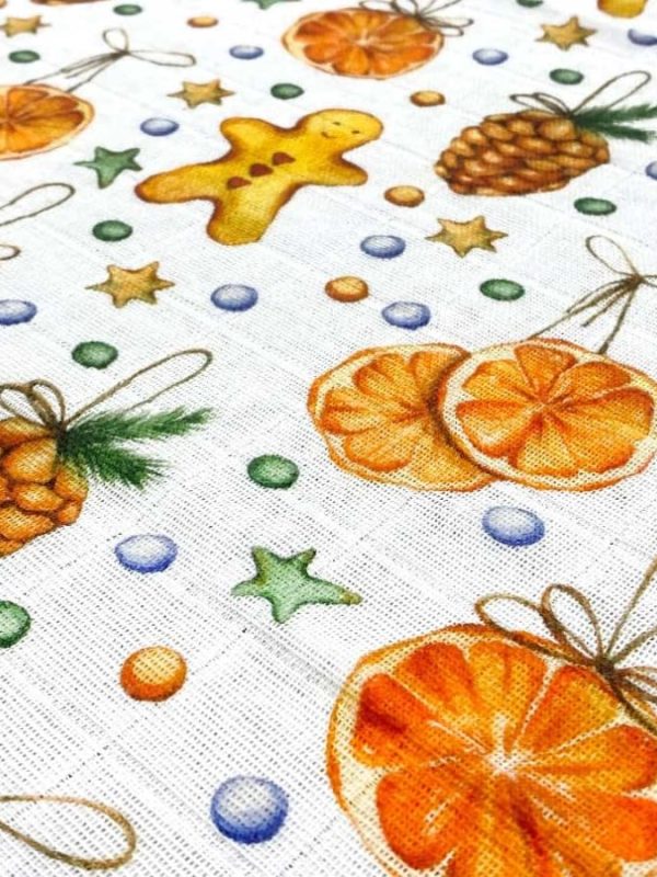 birlik1952 baby child müslin digital print dijital baskı kumaş muslin fabric whosale toptan battaniyesi swaddle blanket dried orange portakal biscuit christmas