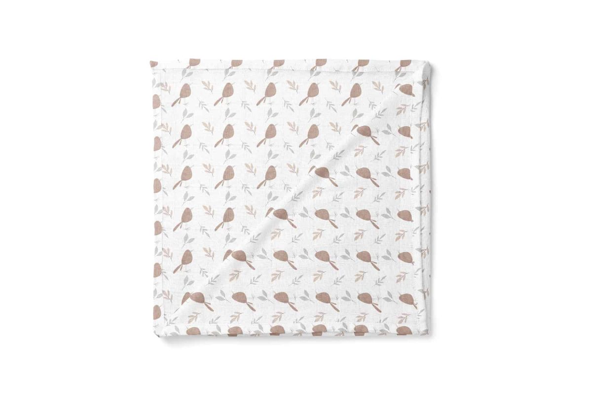 birlik1952 baby child müslin digital print dijital baskı kumaş muslin fabric whosale toptan battaniyesi swaddle blanket kuş bird kahve