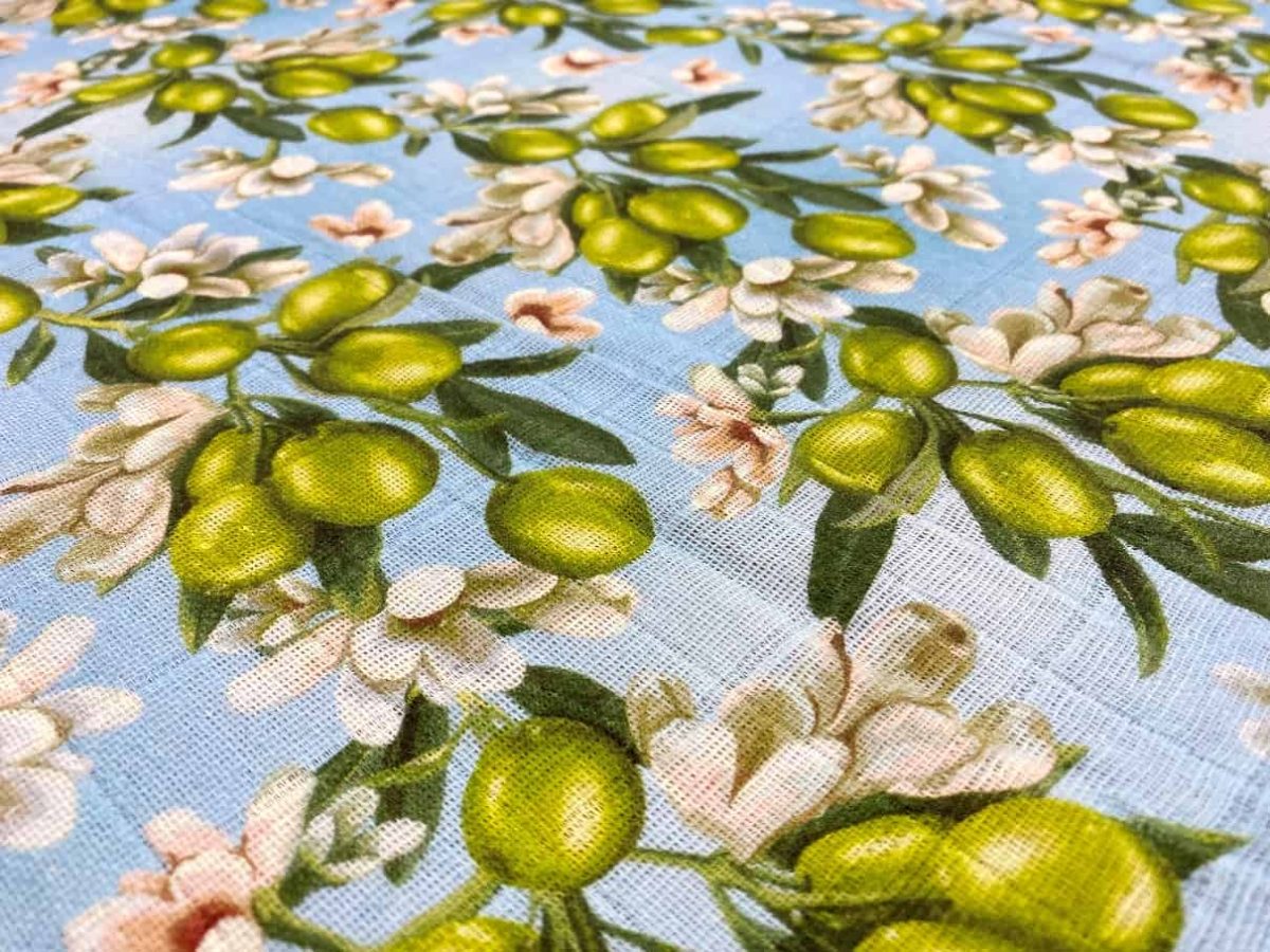 birlik1952 baby child müslin digital print dijital baskı kumaş muslin fabric whosale toptan battaniyesi swaddle blanket olive blossom zeytin çiçeği