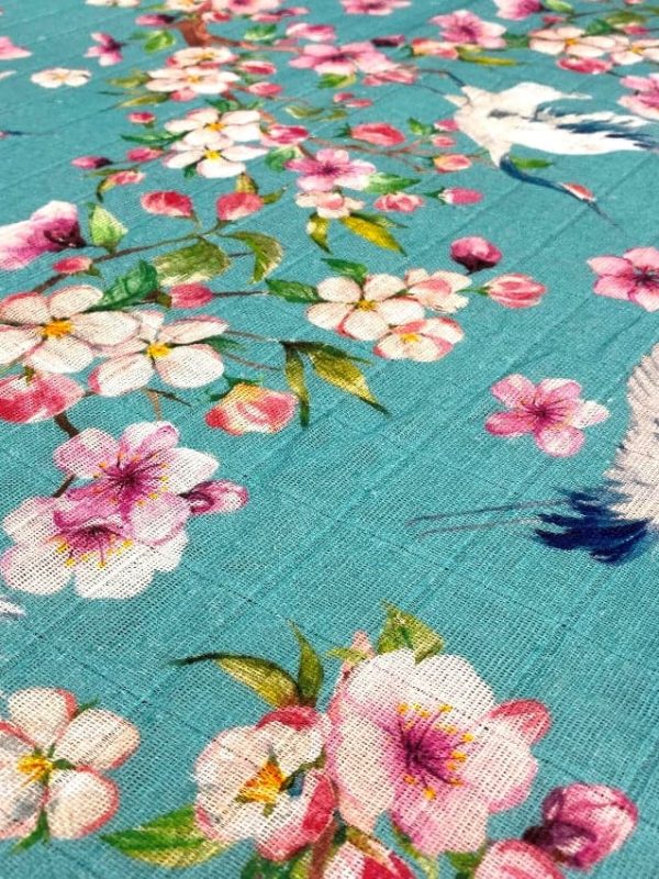 birlik1952 baby child müslin digital print dijital baskı kumaş muslin fabric whosale toptan battaniyesi swaddle blanket sakura blossom japon japan kiraz çiçeği