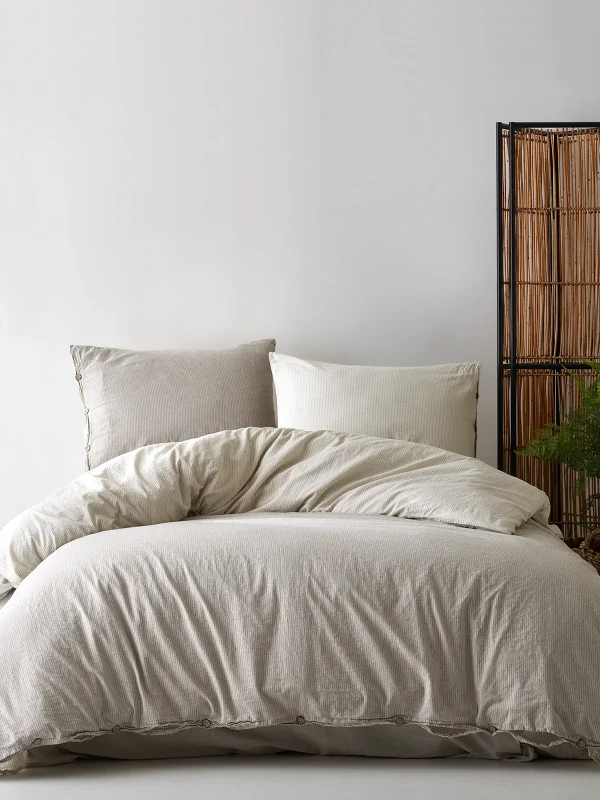 birlik1952 berolige cottage pamuklu çift kişilik king size yıkmalı iplik boya çizgili nevresim takımı antrasit bed linen sheet fabric stripe textile