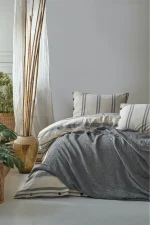 birlik1952 berolige country pamuklu çift kişilik king size yıkmalı iplik boya çizgili nevresim takımı antrasit bed linen sheet fabric stripe textile