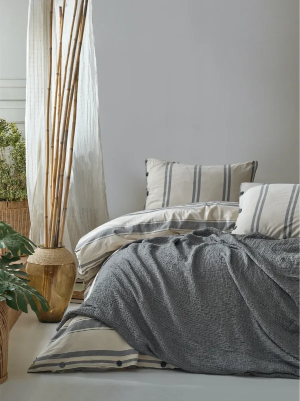 birlik1952 berolige country pamuklu çift kişilik king size yıkmalı iplik boya çizgili nevresim takımı antrasit bed linen sheet fabric stripe textile