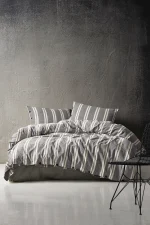 birlik1952 berolige heritage kahverengi pamuklu çift kişilik king size yıkmalı iplik boya çizgili nevresim takımı antrasit bed linen sheet fabric stripe textile