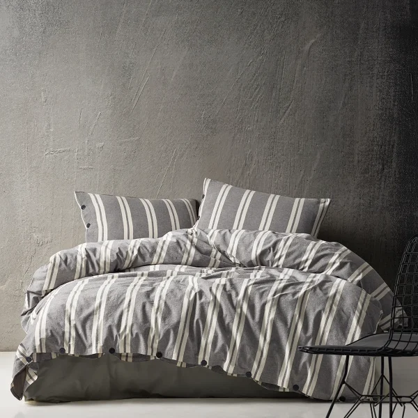 birlik1952 berolige heritage kahverengi pamuklu çift kişilik king size yıkmalı iplik boya çizgili nevresim takımı antrasit bed linen sheet fabric stripe textile