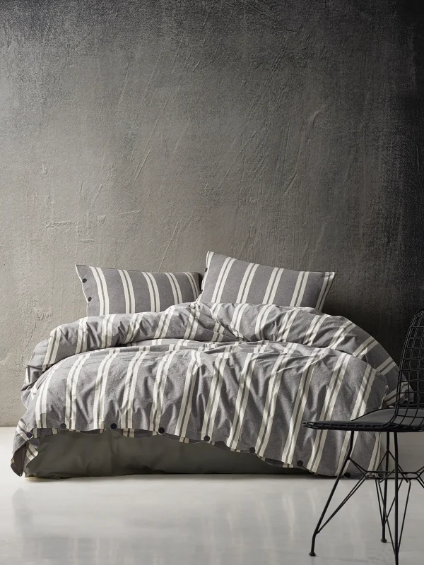 birlik1952 berolige heritage kahverengi pamuklu çift kişilik king size yıkmalı iplik boya çizgili nevresim takımı antrasit bed linen sheet fabric stripe textile