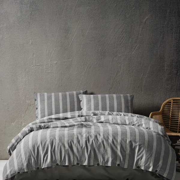 birlik1952 berolige luke bold pamuklu çift kişilik king size yıkmalı iplik boya çizgili nevresim takımı antrasit bed linen sheet fabric stripe textile