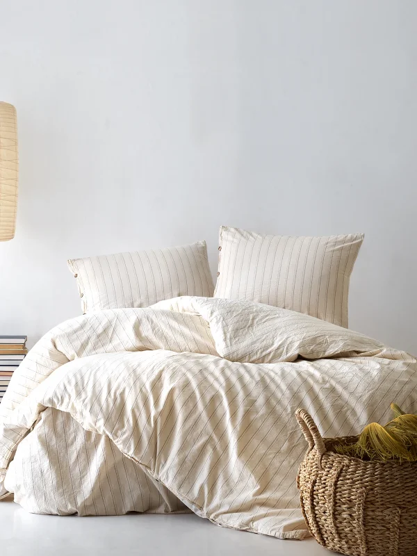 birlik1952 berolige sunday pamuklu çift kişilik king size yıkmalı iplik boya çizgili nevresim takımı antrasit bed linen sheet fabric stripe textile
