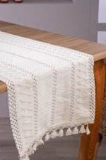 birlik1952 yıkanmış keten runner masa örtüsü table cloth linen otantik traditional dekoratif ev tekstili krem dantel eteği püsküllü