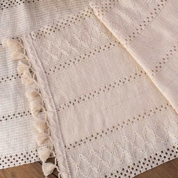 birlik1952 yıkanmış keten runner masa örtüsü table cloth linen otantik traditional dekoratif ev tekstili krem dantel eteği püsküllü