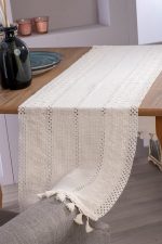 birlik1952 yıkanmış keten runner masa örtüsü table cloth linen otantik traditional dekoratif ev tekstili krem dantel eteği püsküllü