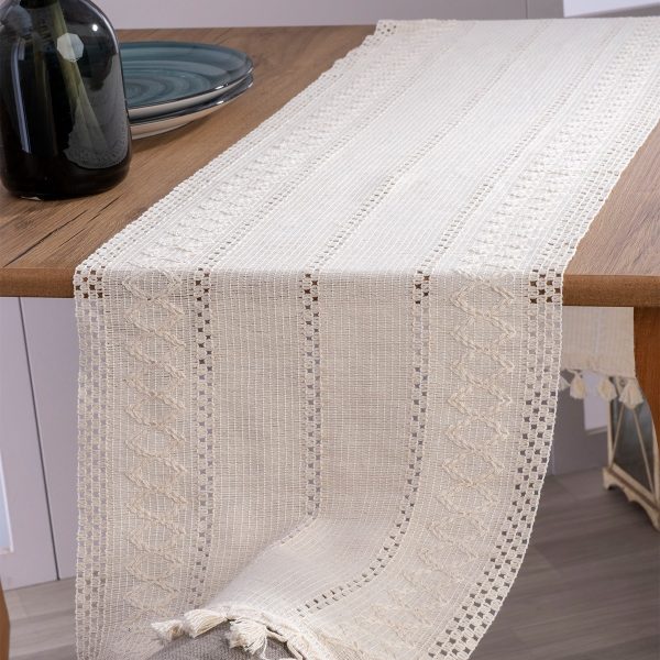 birlik1952 yıkanmış keten runner masa örtüsü table cloth linen otantik traditional dekoratif ev tekstili krem dantel eteği püsküllü