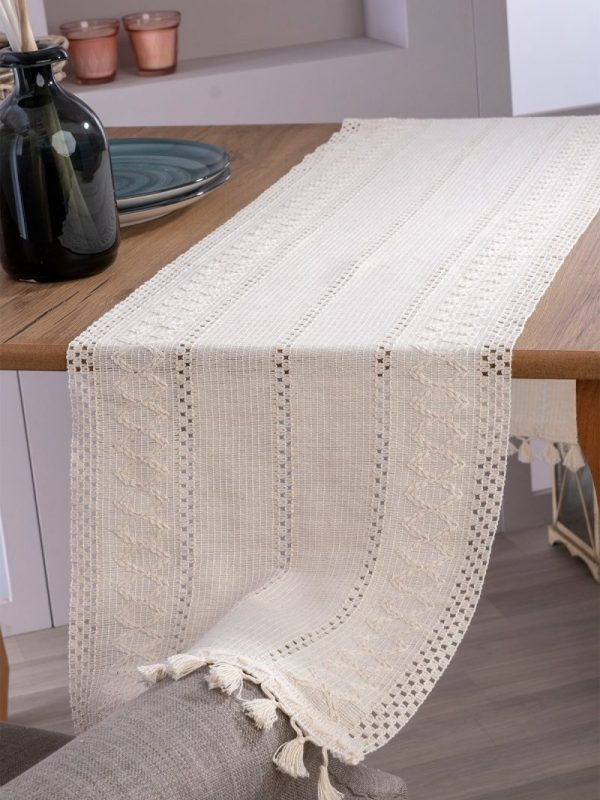 birlik1952 yıkanmış keten runner masa örtüsü table cloth linen otantik traditional dekoratif ev tekstili krem dantel eteği püsküllü