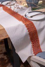 birlik1952 yıkanmış keten runner masa örtüsü table cloth linen otantik traditional dekoratif ev tekstili ortası dantel kiremit terracota