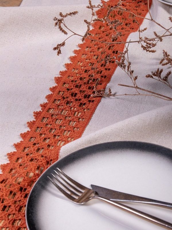 birlik1952 yıkanmış keten runner masa örtüsü table cloth linen otantik traditional dekoratif ev tekstili ortası dantel kiremit terracota