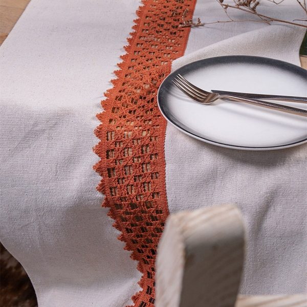 birlik1952 yıkanmış keten runner masa örtüsü table cloth linen otantik traditional dekoratif ev tekstili ortası dantel kiremit terracota