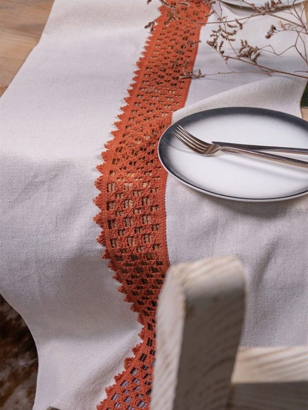 birlik1952 yıkanmış keten runner masa örtüsü table cloth linen otantik traditional dekoratif ev tekstili ortası dantel kiremit terracota