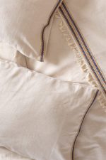 birlik1952 püsküllü organik yıkanmış keten washed linen fabric nevresim seti otantik buldan babadağ işhanı el emeği handmade traditional bed linen set otantik mavi jüt ponponlu