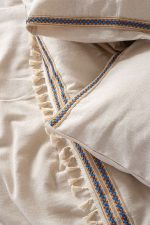 birlik1952 püsküllü organik yıkanmış keten washed linen fabric nevresim seti otantik buldan babadağ işhanı el emeği handmade traditional bed linen set otantik mavi jüt ponponlu