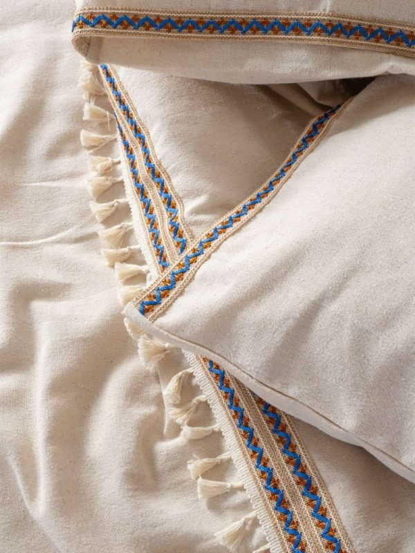 birlik1952 püsküllü organik yıkanmış keten washed linen fabric nevresim seti otantik buldan babadağ işhanı el emeği handmade traditional bed linen set otantik mavi jüt ponponlu