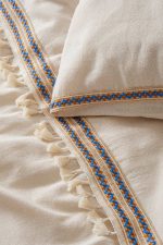 birlik1952 püsküllü organik yıkanmış keten washed linen fabric nevresim seti otantik buldan babadağ işhanı el emeği handmade traditional bed linen set otantik mavi jüt ponponlu