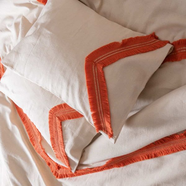 birlik1952 püsküllü organik yıkanmış keten washed linen fabric nevresim seti otantik buldan babadağ işhanı el emeği handmade traditional bed linen set otantik turuncu orange püskül