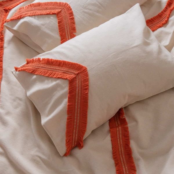 birlik1952 püsküllü organik yıkanmış keten washed linen fabric nevresim seti otantik buldan babadağ işhanı el emeği handmade traditional bed linen set otantik turuncu orange püskül