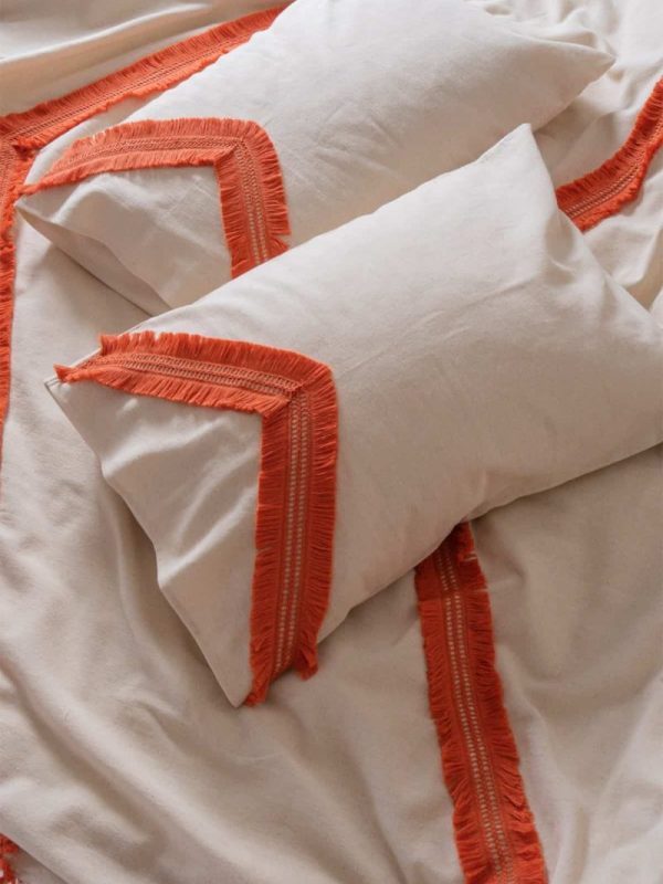 birlik1952 püsküllü organik yıkanmış keten washed linen fabric nevresim seti otantik buldan babadağ işhanı el emeği handmade traditional bed linen set otantik turuncu orange püskül