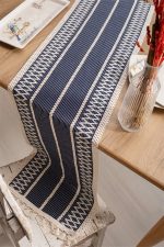 birlik1952 keten runner masa örtüsü table cloth linen otantik traditional dekoratif ev tekstili krem dantel eteği püsküllü lacivert mavi blue