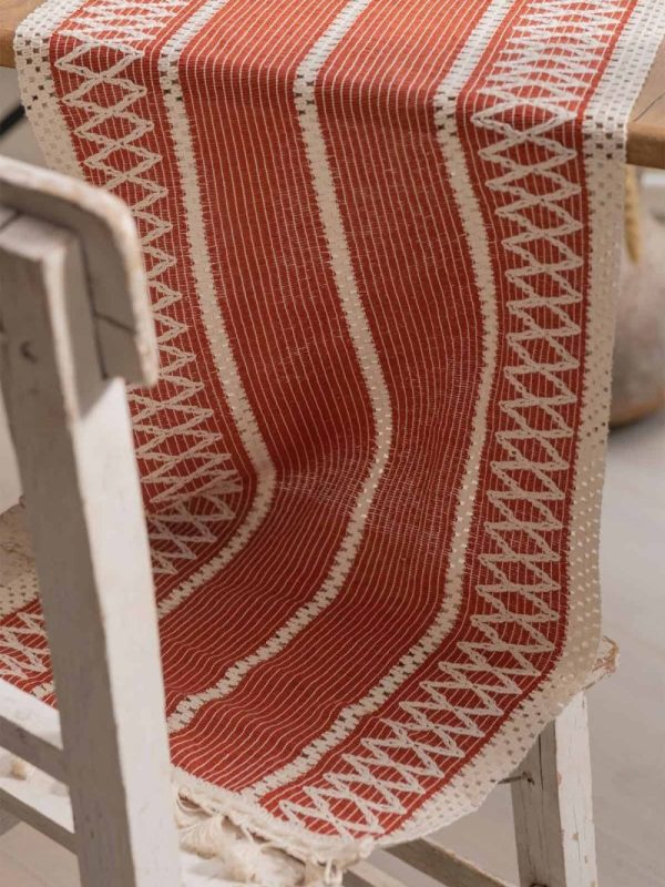 birlik1952 keten runner masa örtüsü table cloth linen otantik traditional dekoratif ev tekstili krem dantel eteği püsküllü kırmızı terracota red kiremit