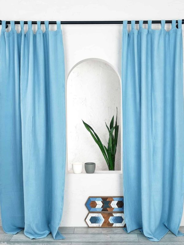 birlik1952 müslin perde muslin baby room curtain boho bohem dekorasyon maison linen pamuklu kumaş fabric curtains crinkle bürümcük açık mavi soft baby blue