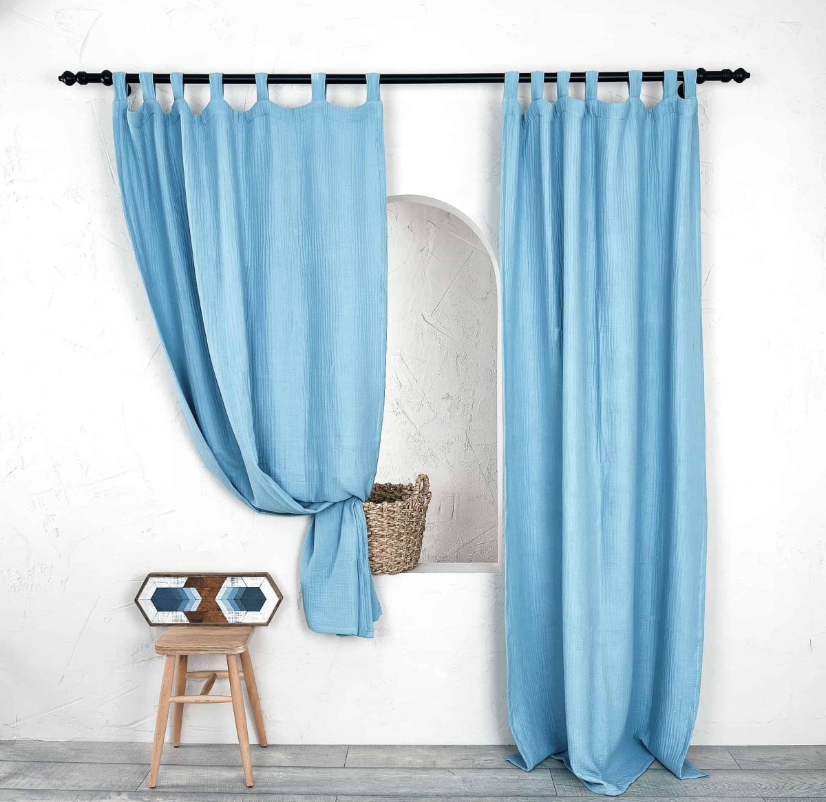 birlik1952 müslin perde muslin baby room curtain boho bohem dekorasyon maison linen pamuklu kumaş fabric curtains crinkle bürümcük açık mavi soft baby blue