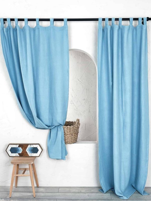 birlik1952 müslin perde muslin baby room curtain boho bohem dekorasyon maison linen pamuklu kumaş fabric curtains crinkle bürümcük açık mavi soft baby blue