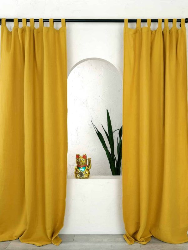 birlik1952 müslin perde muslin baby room curtain boho bohem dekorasyon maison linen pamuklu kumaş fabric curtains crinkle bürümcük sarı hardal yellow mustard