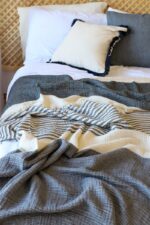 birlik1952 4 kat müslin çift kişilik yatak örtüsü bedspread swaddle 4 layer gauze multi muslin double gauze textile whosale pamuklu cotton muslin çizgili stripe black antrasit siyah gri