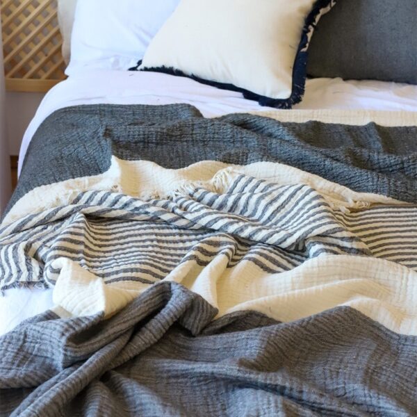birlik1952 4 kat müslin çift kişilik yatak örtüsü bedspread swaddle 4 layer gauze multi muslin double gauze textile whosale pamuklu cotton muslin çizgili stripe black antrasit siyah gri