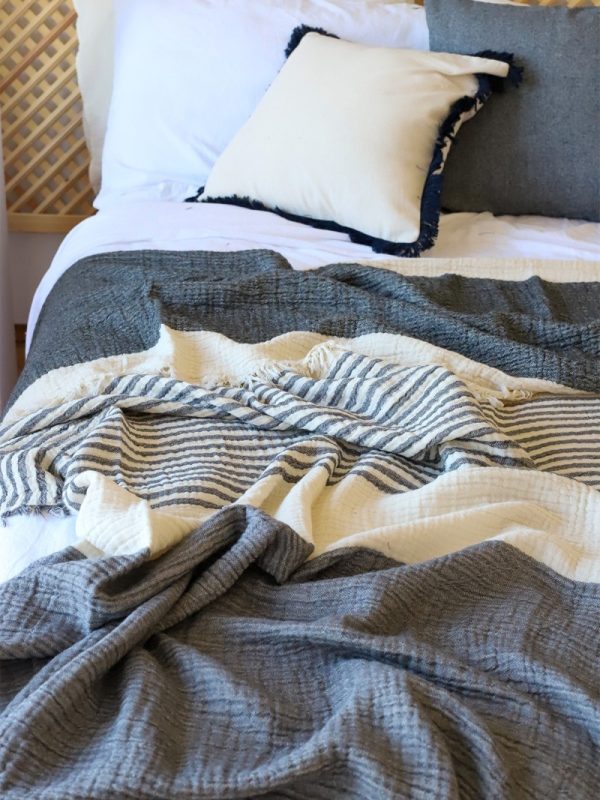 birlik1952 4 kat müslin çift kişilik yatak örtüsü bedspread swaddle 4 layer gauze multi muslin double gauze textile whosale pamuklu cotton muslin çizgili stripe black antrasit siyah gri