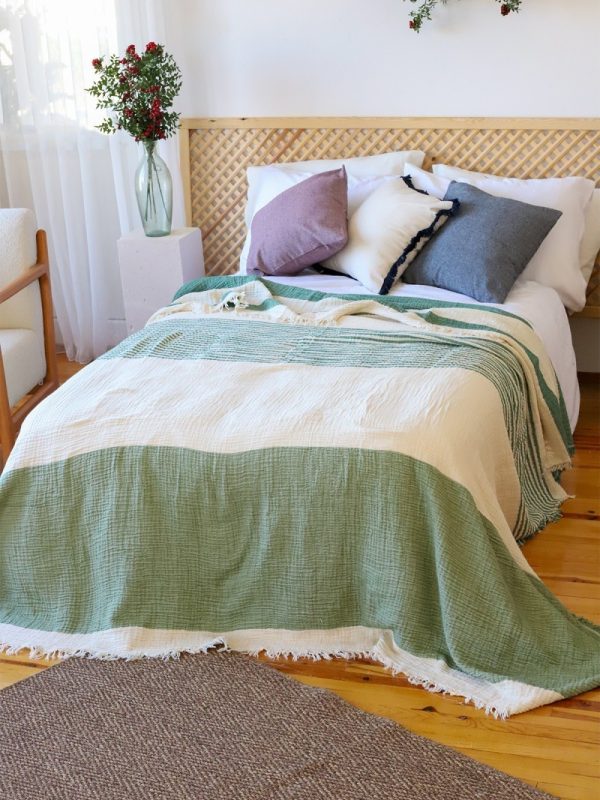 birlik1952 4 kat müslin çift kişilik yatak örtüsü bedspread swaddle 4 layer gauze multi muslin double gauze textile whosale pamuklu cotton muslin çizgili stripe green royal dark soft