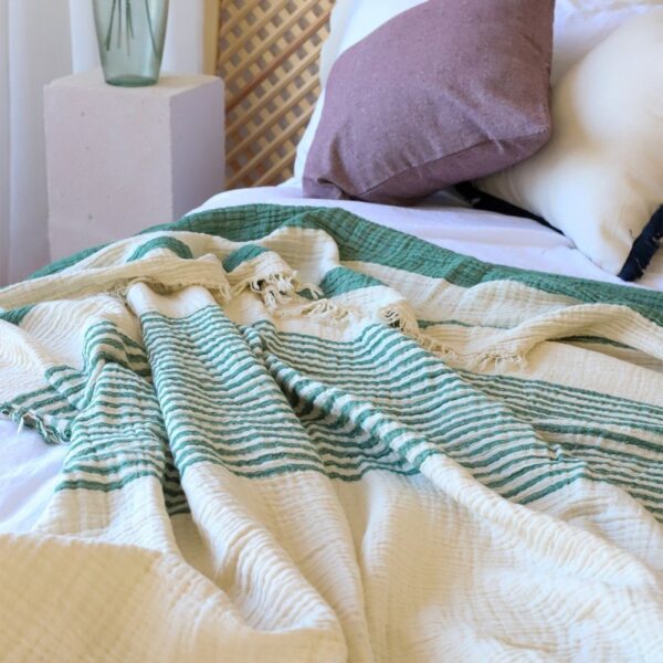 birlik1952 4 kat müslin çift kişilik yatak örtüsü bedspread swaddle 4 layer gauze multi muslin double gauze textile whosale pamuklu cotton muslin çizgili stripe green royal dark soft