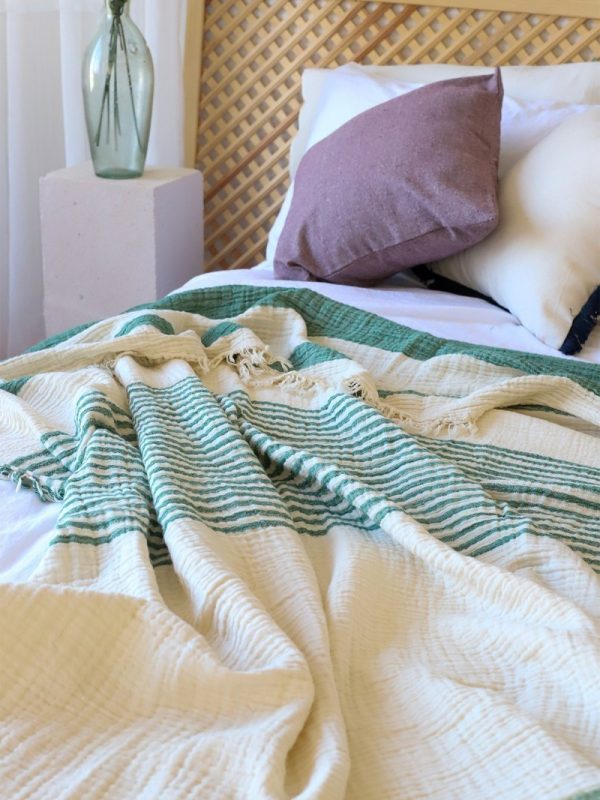 birlik1952 4 kat müslin çift kişilik yatak örtüsü bedspread swaddle 4 layer gauze multi muslin double gauze textile whosale pamuklu cotton muslin çizgili stripe green royal dark soft