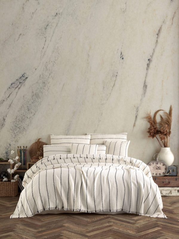 birlik1952 4 kat müslin çift kişilik yatak örtüsü bedspread swaddle 4 layer gauze multi muslin double gauze textile iplik boya cotton muslin siyah black stripe çizgili jaquard jakarlı troya striped